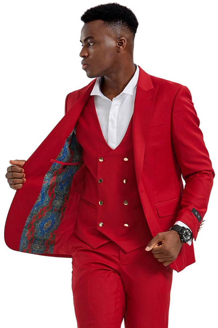 Men's Red Peak Lapel Suit with Gold Buttons by Tazzio Suits