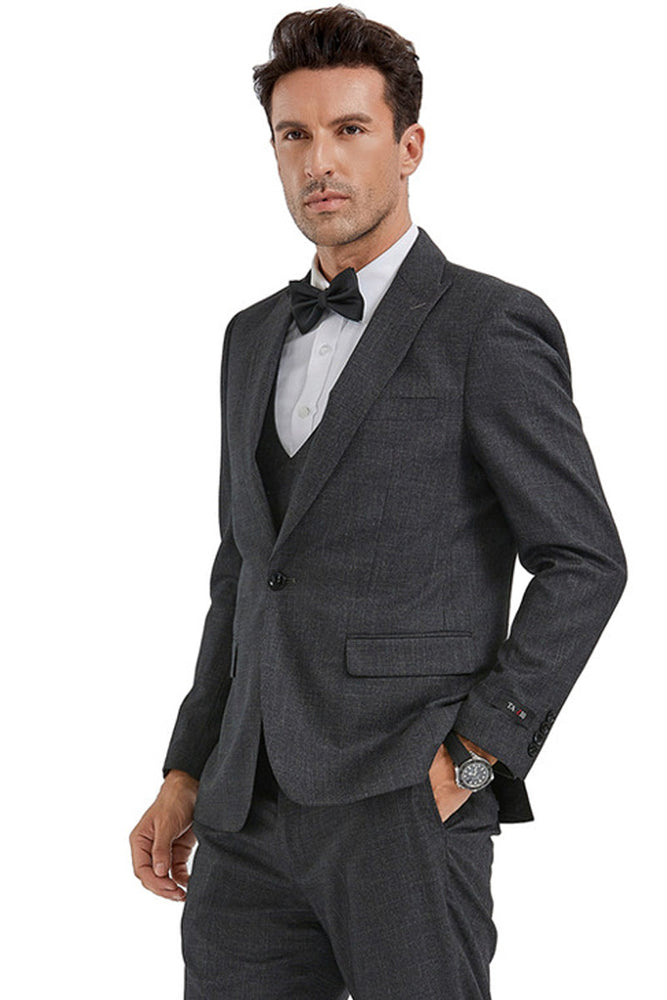 Men's Charcoal Sharkskin Slim Fit Suit with Double Breasted Vest
