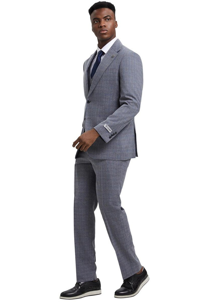 Men's Stacy Adams Modern Fit Vested Suit in Light Grey Micro Check Plaid