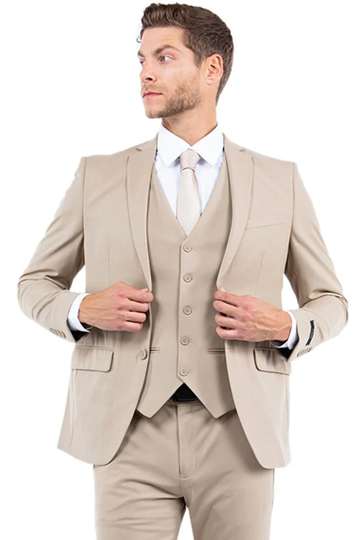 Zegarie Suits - Men's One Button Vested Slim Fit Business & Wedding Suit in Tan