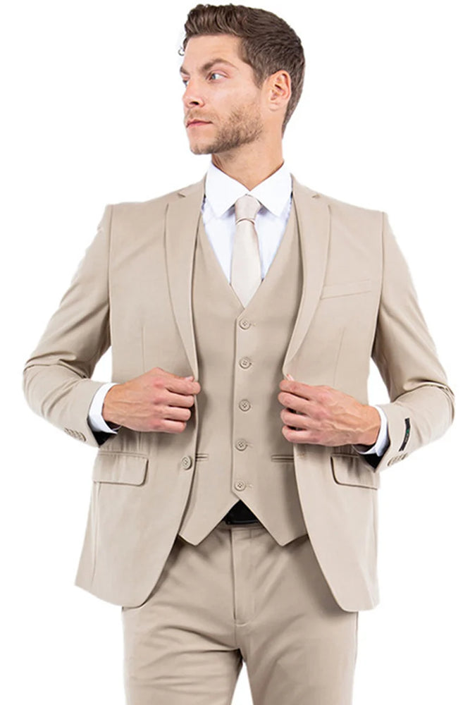 Zagrie Suits - Men's One Button Vested Slim Fit Business & Wedding Suit in Tan