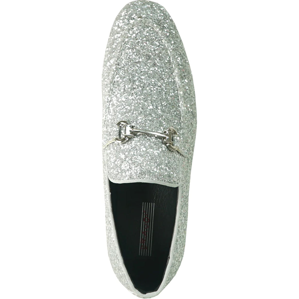 Bravo Mens Modern Glitter Sequin Prom Tuxedo Buckle Loafer in Silver Grey - Men's Dress Shoes