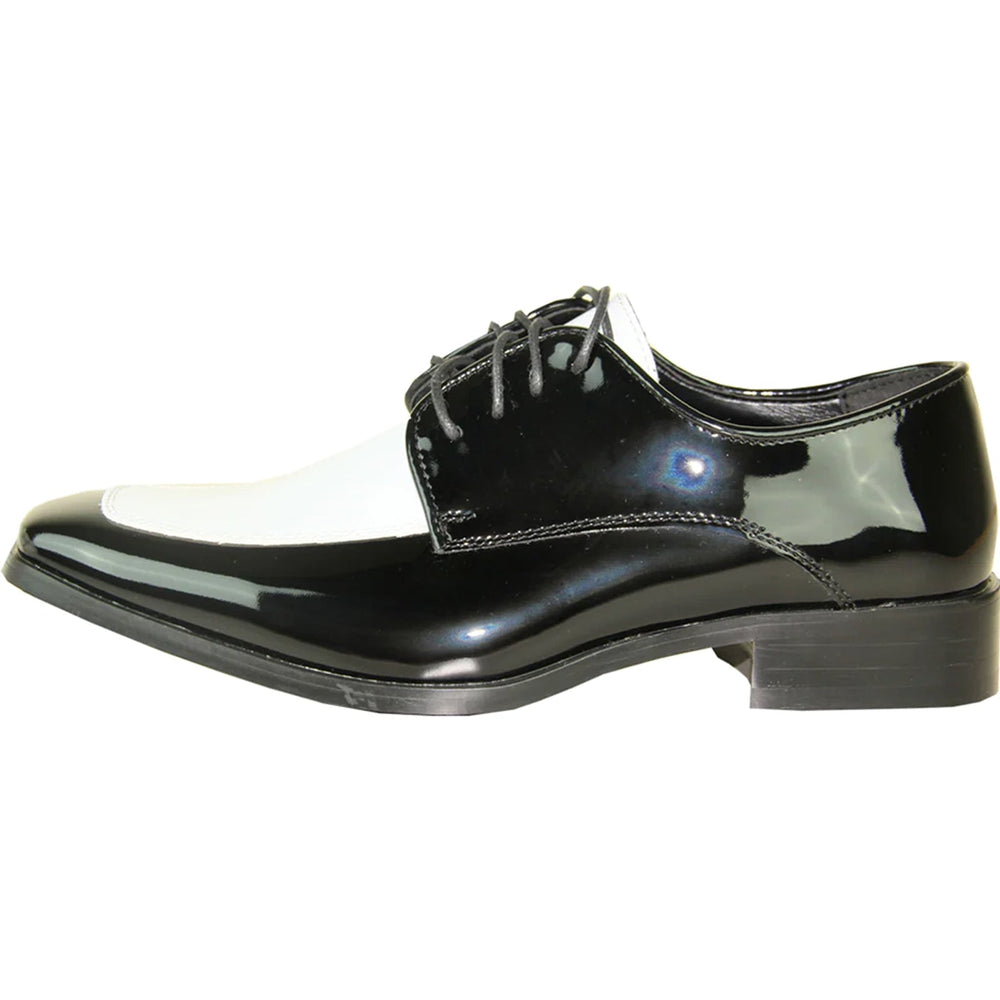 Bravo Mens Classic Moc Toe Shiny Patent Tuxedo Prom Shoe in Black & White