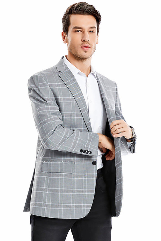 Men's Light Grey Double Windowpane Plaid Blazer