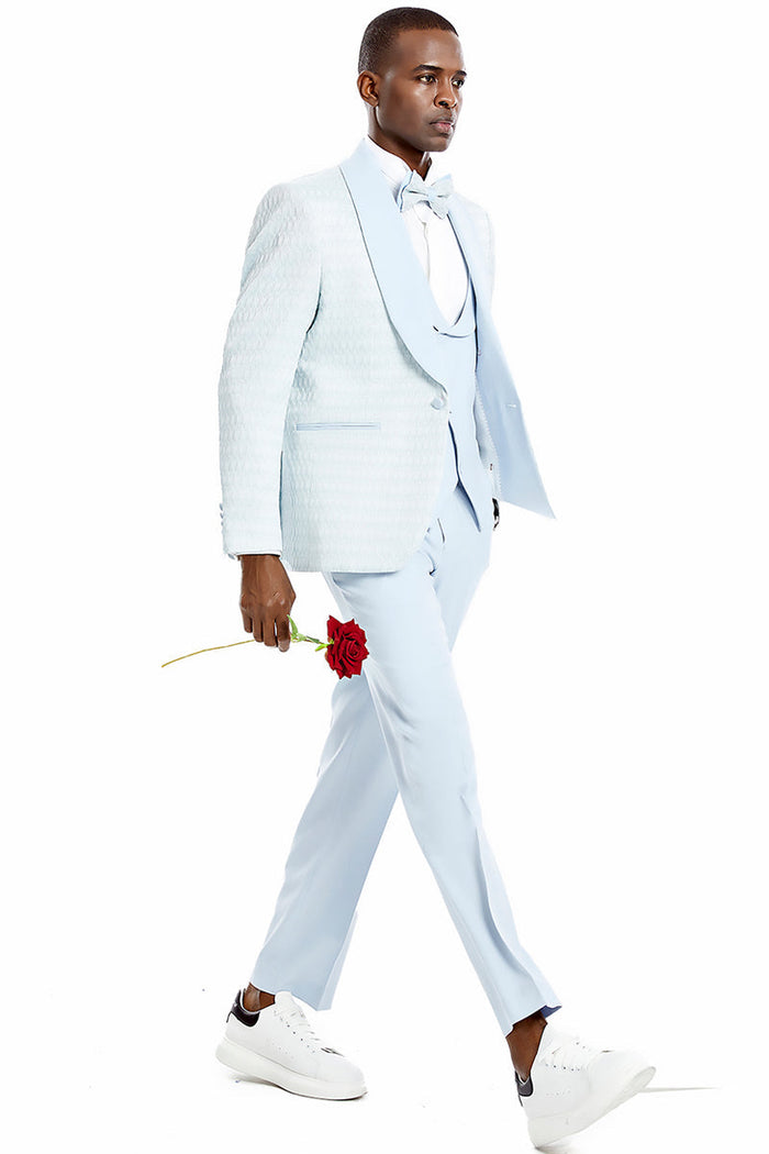 Men's Sky Blue Vested Tuxedo with Honeycomb Pattern