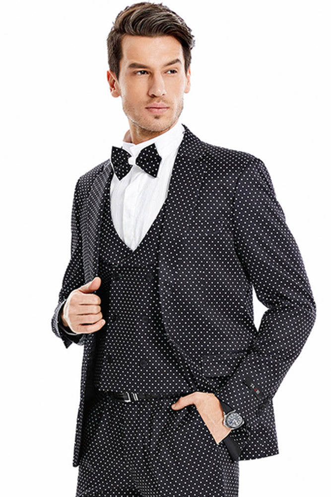 Men's Polka Dot Vested Prom Suit in Black & White