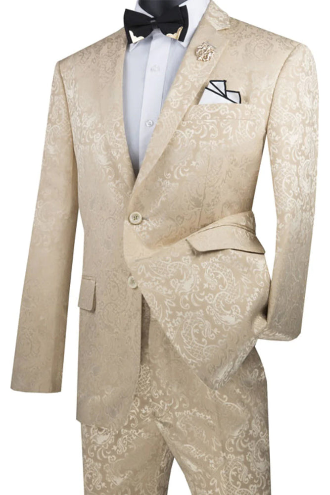 Beige Men's Slim Fit Paisley Wedding & Prom 2026 Suit - Shiny Finish