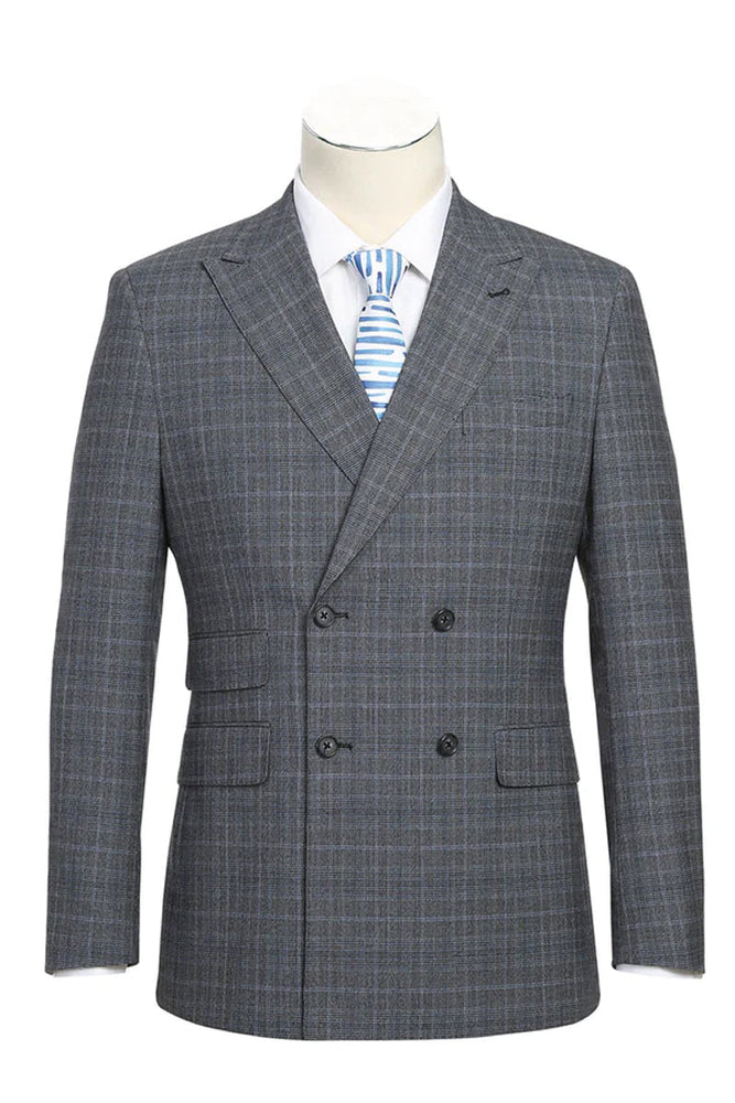 Mens Designer Slim Fit Double Breasted Suit in Light Grey Windowpane Plaid Check