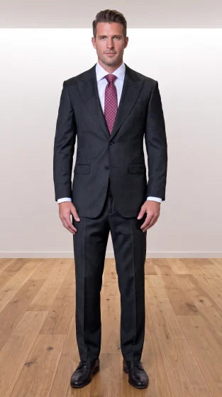 Statement Men's 2 Piece 100% Super 200 Wool Modern Fit Suit - Pic Stitching Peak Lapel Two Buttons in Color Black