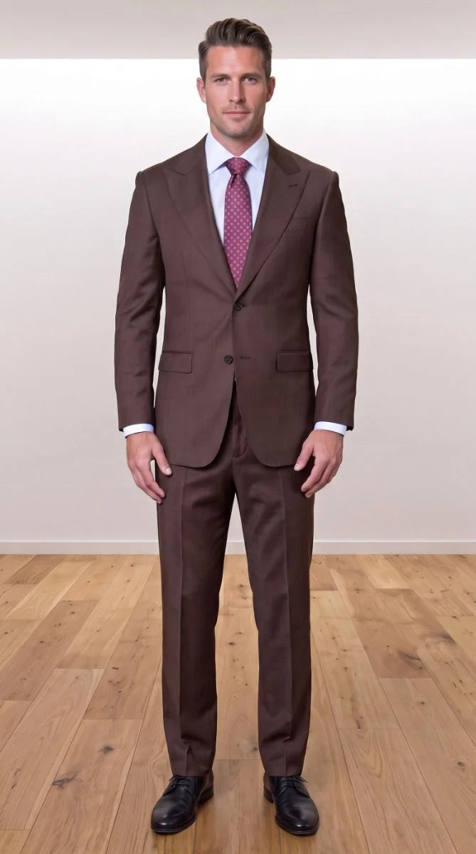 Statement Men's 2 Piece 100% Super 200 Wool Modern Fit Suit - Pic Stitching Peak Lapel Two Buttons in Color Brown