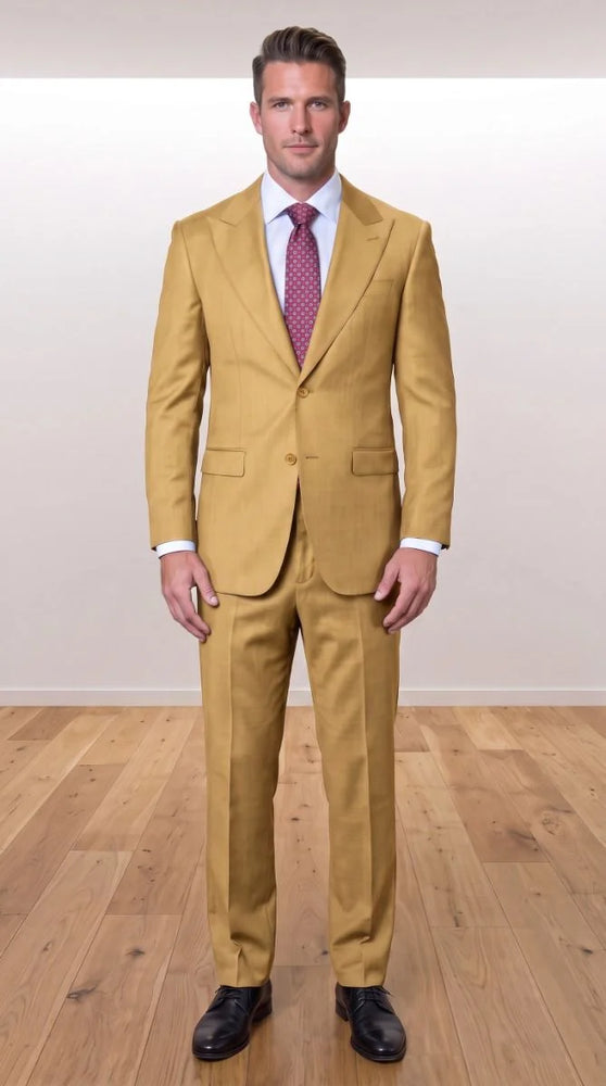 Statement Men's 2 Piece 100% Super 200 Wool Modern Fit Suit - Pic Stitching Peak Lapel Two Buttons in Color Chestnut