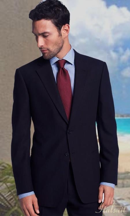 2PC 2 Btn Solid Color Navy Classic Relax Fit Pleated Pant 19 Inch Bottom mensusa