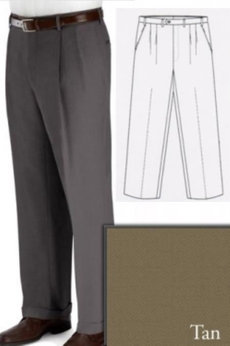 Tan Beige Gabardine Wool Big and Tall Double Pleated Dress Pants