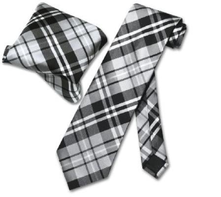 Black Gray White NeckTie & Handkerchief Matching Tie Set - Men's Neck Ties - Mens Dress Tie - Trendy Mens Ties