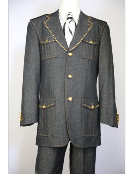 Men's black naval style quad pocket denim 3pc zoot fashion suit
