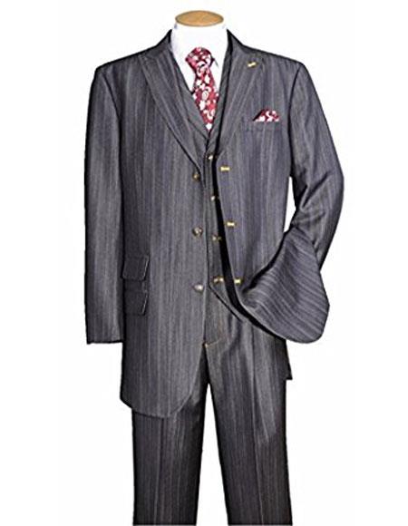 Charcoal Grey ~ Blue ~ Dark Navy Stripe ~ Pinstripe Vested Men'S 3 Piece Suit No Pleated Pants Side Vented Regular Cut Conservative