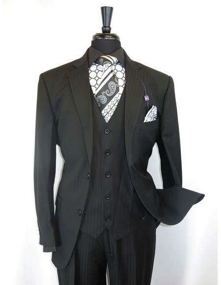 Vinci Men's Black On Black Shadow Stripe Style Two Buttons Vested Suit