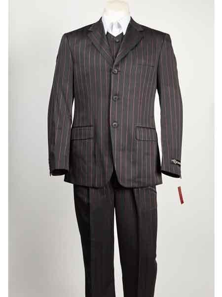 Black Men's Vested 3 Button Red Pinstripe Closure Suit