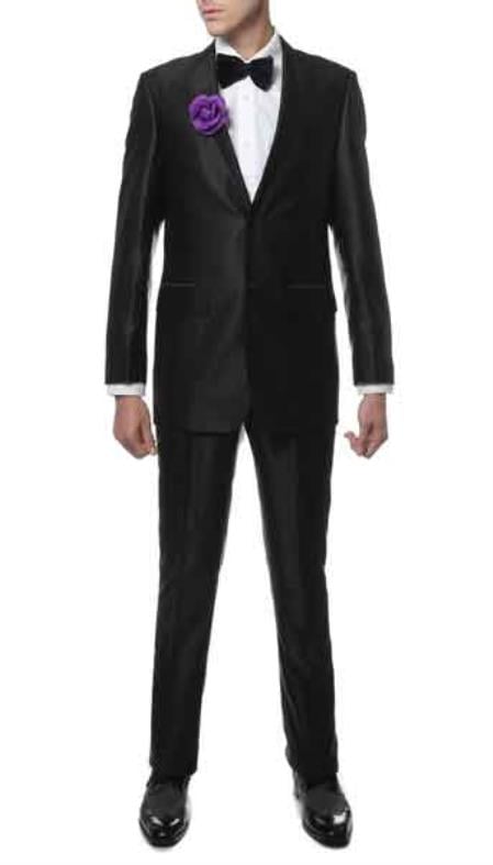 Men's 2 Button Closure Sharkskin Slim Fitted Suit Black