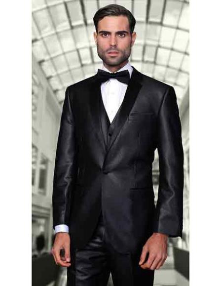 Men's Black Two Toned Vested 2 Buttons Suit With Black Lapel Italian Tuxedo Looking
