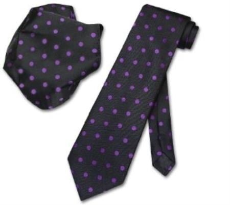 Black w/ Purple Polka Dots Necktie Handkerchief Matching Tie Set - Men's Neck Ties - Mens Dress Tie - Trendy Mens Ties