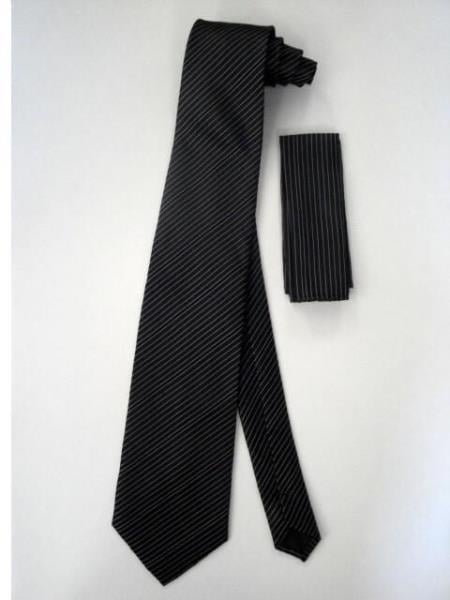 Neck Tie Set Black W/ White Pinstripes Design - Men's Neck Ties - Mens Dress Tie - Trendy Mens Ties