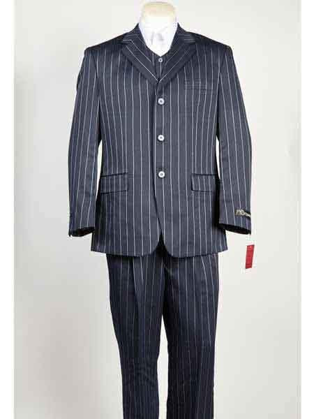 Men's Blue 3 Button Bold ~ Gangster ~ Chalk Stripe Navy Blue With Light Blue Stripe