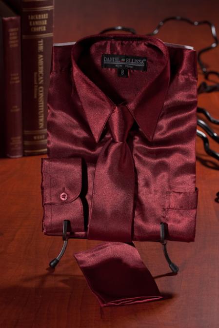 Boys Burgundy ~ Maroon ~ Wine Color Satin Combo Men's Dress Shirt