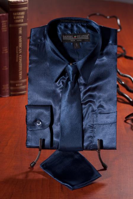 Boys Dark Navy Blue Shirt For Men Satin Combo Men's Dress Shirt