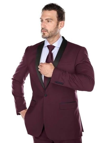 Slim Style   Milano Suits by Milano Moda Men's Burgundy ~ Wine ~ Maroon Suit  Shiny Flashy 3 Piece Burgundy Men's Sharkskin Suit main image 1