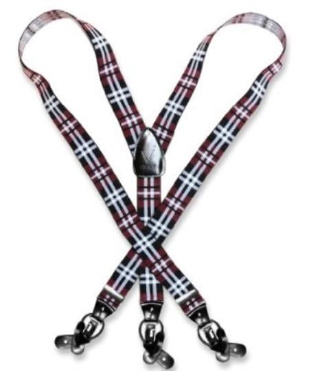 Men's Design Burgundy ~ Maroon ~ Wine Color White Suspenders For Men Y Shape Elastic Buttons & Clips