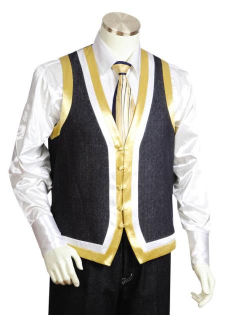Men's Button Ribbon Fastener Black Shawl Lapel Vest and Pant