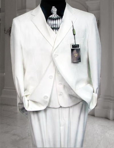CLASSIC 3PC High Vested 3 BUTTON SOLID All White Suit For Men WITH Pleated PANTS EXTRA FINE mensusa