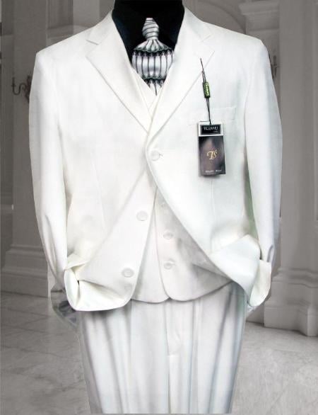 CLASSIC 3PC High Vested 3 BUTTON SOLID All White Suit For Men WITH Pleated PANTS EXTRA FINE mensusa