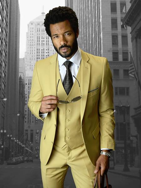 Statement Brand Camel ~ Gold ~ Khaki Color Slim Fitted Skinny Vested 3 Piece Suit 2 Buttons Style Wool Fabric