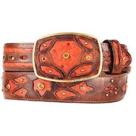 Men's Burnished Cognac Original Ostrich Full Quill Skin Fashion Belt