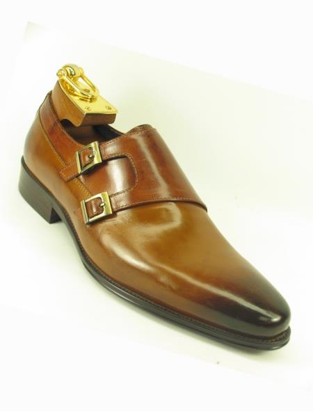 Men's Slip On Fashionable Carrucci Side Double Buckle Style Cognac Stylish Dress Loafer