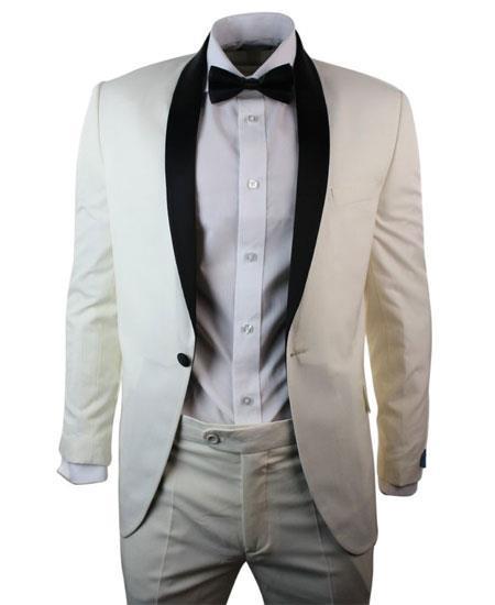 Men's 1 Button Cream ~ Ivory Black Shawl Collar 3 Piece Dinner Suit