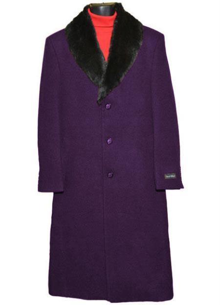Men’s Dark Purple Full-Length Dress Coat with Removable Fur Collar