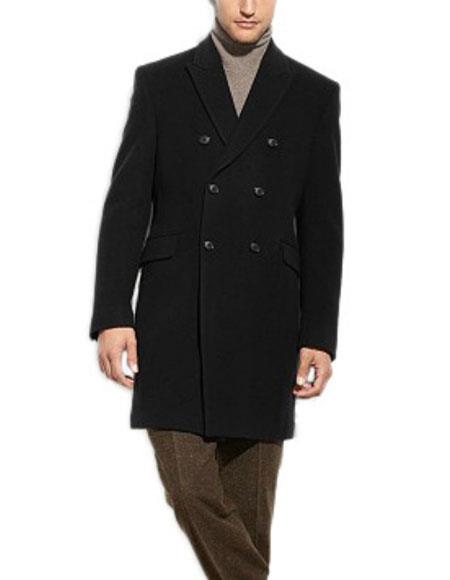 Men's Dress Coat Black Double Breasted 3/4 Length Wool Cashmere Blend Overcoat Top Coat