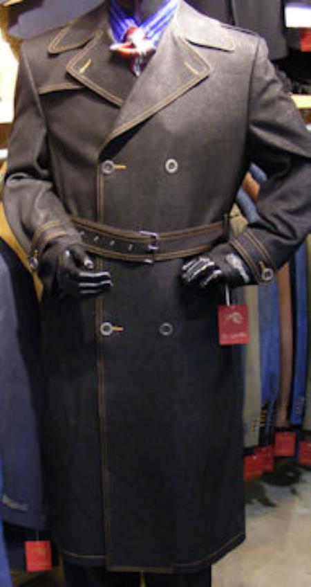 Men's Dress Coat Double Breasted Denim Maxi Coat with a Belt Black - Men's Overcoat