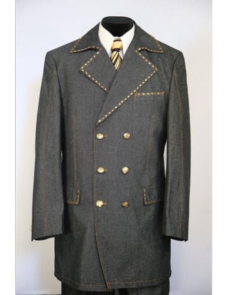 Men's Black trench collar Double Breasted Suit denim 3pc fashion suit