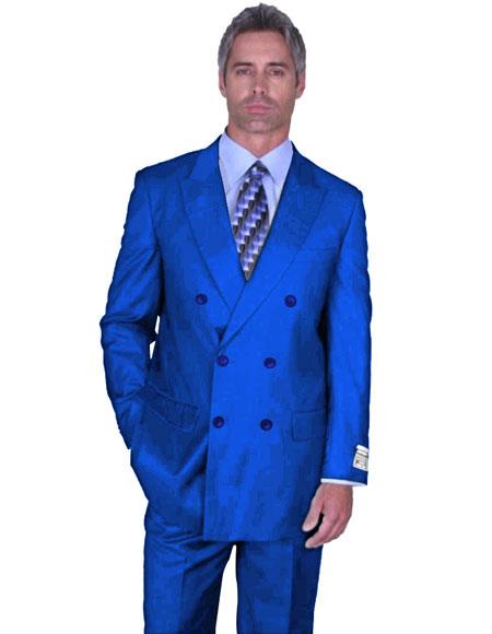 Men's Royal Blue Button  Peak Lapel Slim Fitted Dress Suits for Men with Flat Front Pant