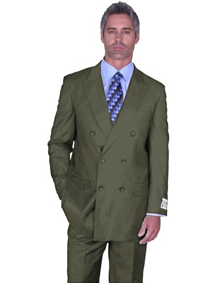 Men's Double Breasted Peak Lapel Sage Green Suit Side Vented