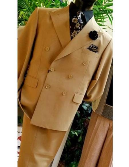 Men's Classic Men's Double Breasted Suits Jacket Tan ~ Bronze ~ Camel British Khaki Color Suit (Blazer + Pants) Bronze Color