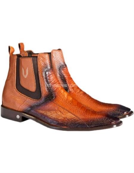 Men's Handcrafted Faded Cognac Vestigium Genuine Ostrich Leg Chelsea Boots