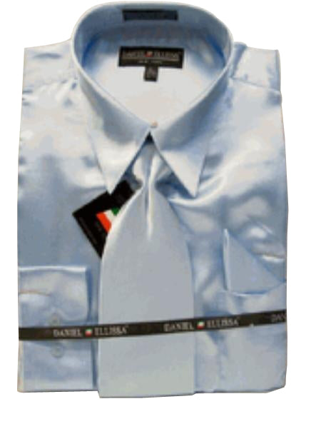 Fashion Cheap Priced Sale Men's New Light Blue ~ Sky Blue Satin Dress Shirt Combinations Set Men's Dress Shirt mensusa