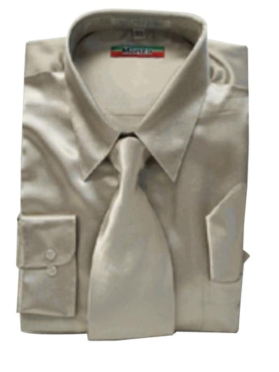 Fashion Cheap Priced Sale Men's New Mezzo Khaki Satin Dress Shirt Combinations Set Tie Combo Shirts Men's Dress Shirt mensusa