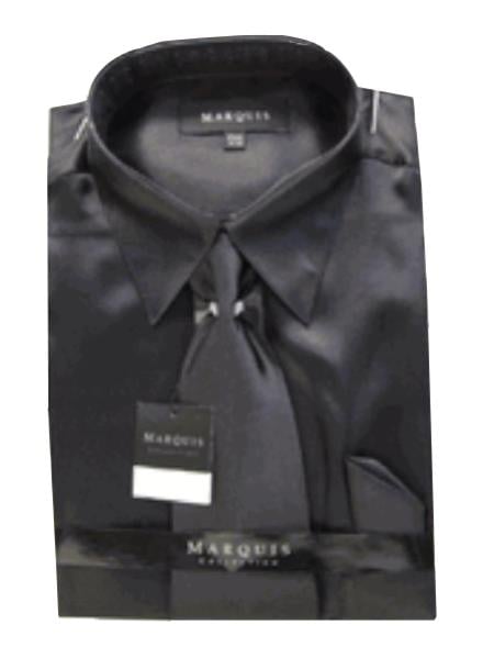 Fashion Cheap Priced Sale Satin Black Dress Shirt Combinations Set Tie Hanky Set Men's Dress Shirt mensusa