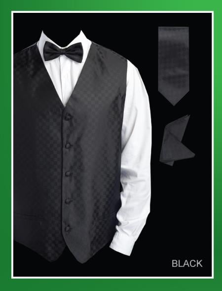 Slim fit Men's poly fabric Black Lapelled Groomsmen Dress Tuxedo Wedding Vest ~ Waistcoat ~ Waist coat Set- Four Piece (Bow Tie, Neck Tie, Hanky) - Men's Neck Ties - Mens Dress Tie - Trendy Mens Ties main image 0